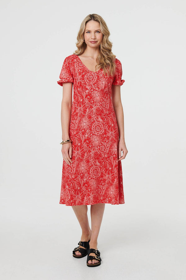 Printed Short Puff Sleeve Midi Dress