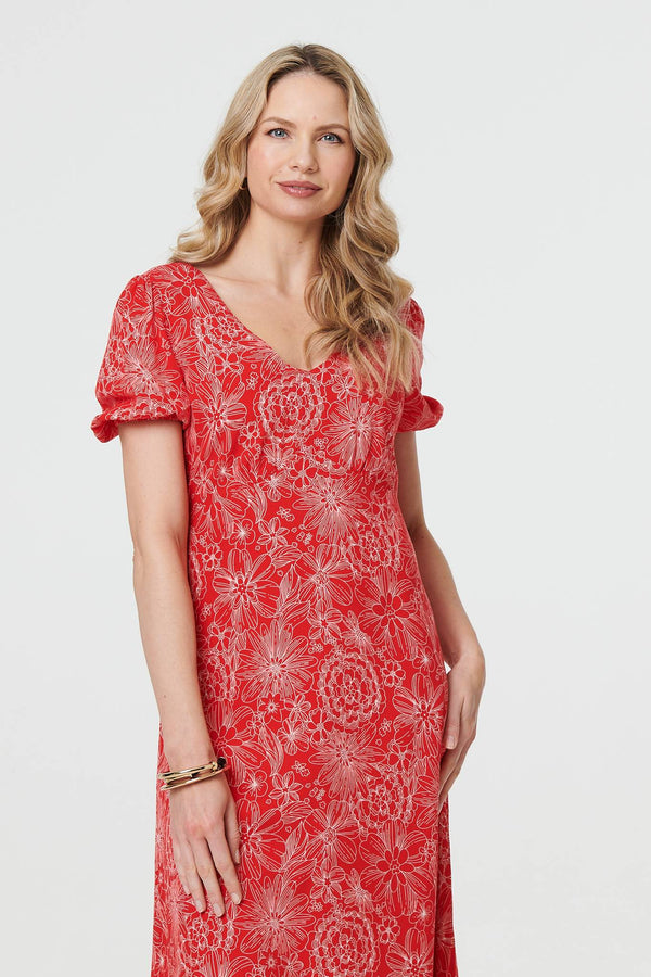 Printed Short Puff Sleeve Midi Dress