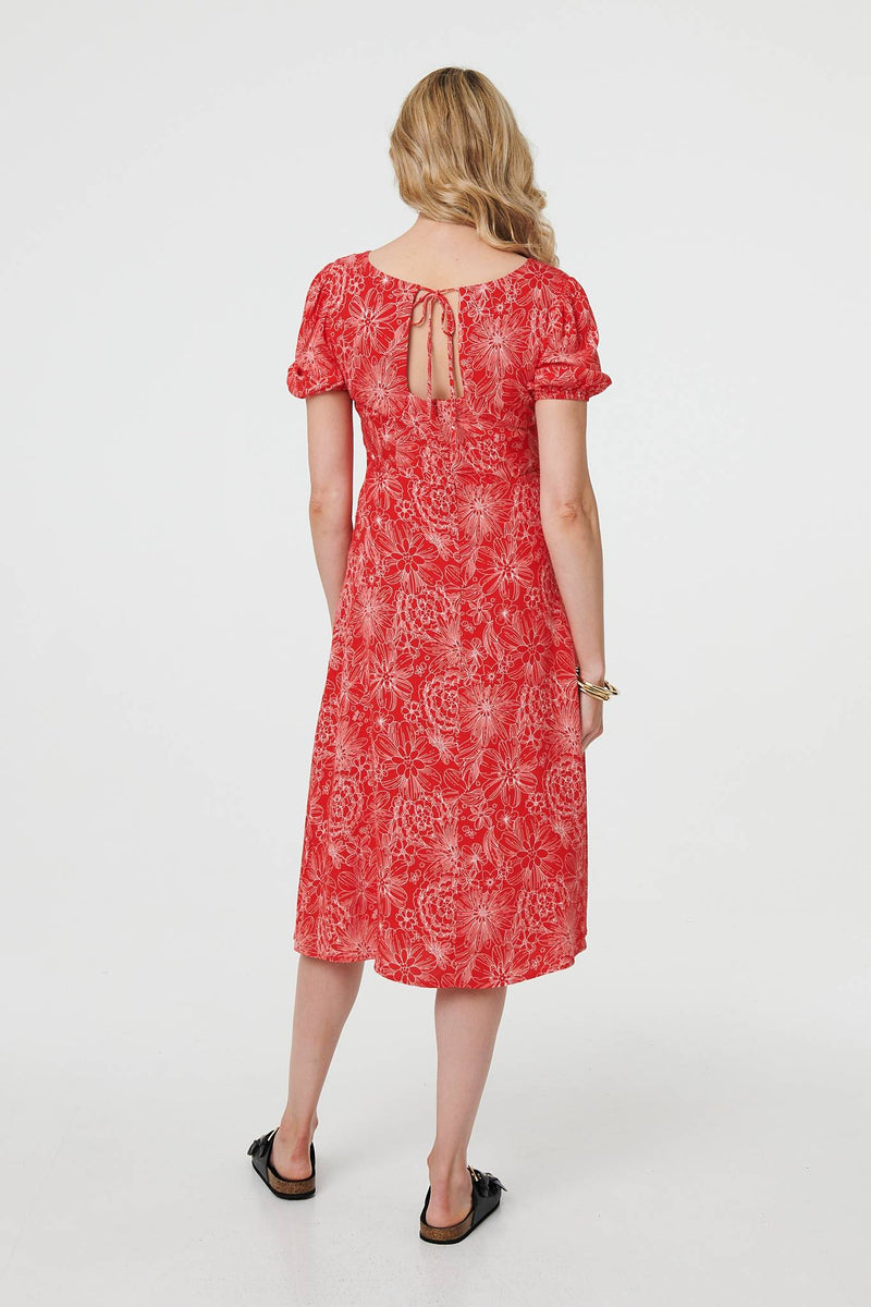 Printed Short Puff Sleeve Midi Dress