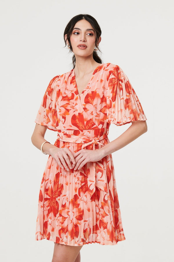 Floral Pleated Angel Sleeve Mini Dress