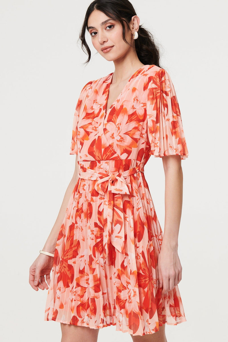 Floral Pleated Angel Sleeve Mini Dress