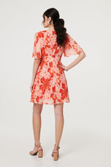 Floral Pleated Angel Sleeve Mini Dress