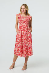 Floral Ruffled Cap Sleeve Midi Dress