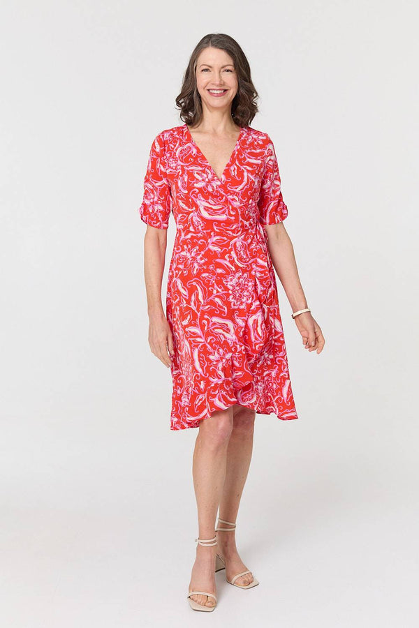 Printed Frill Wrap Knee Length Dress