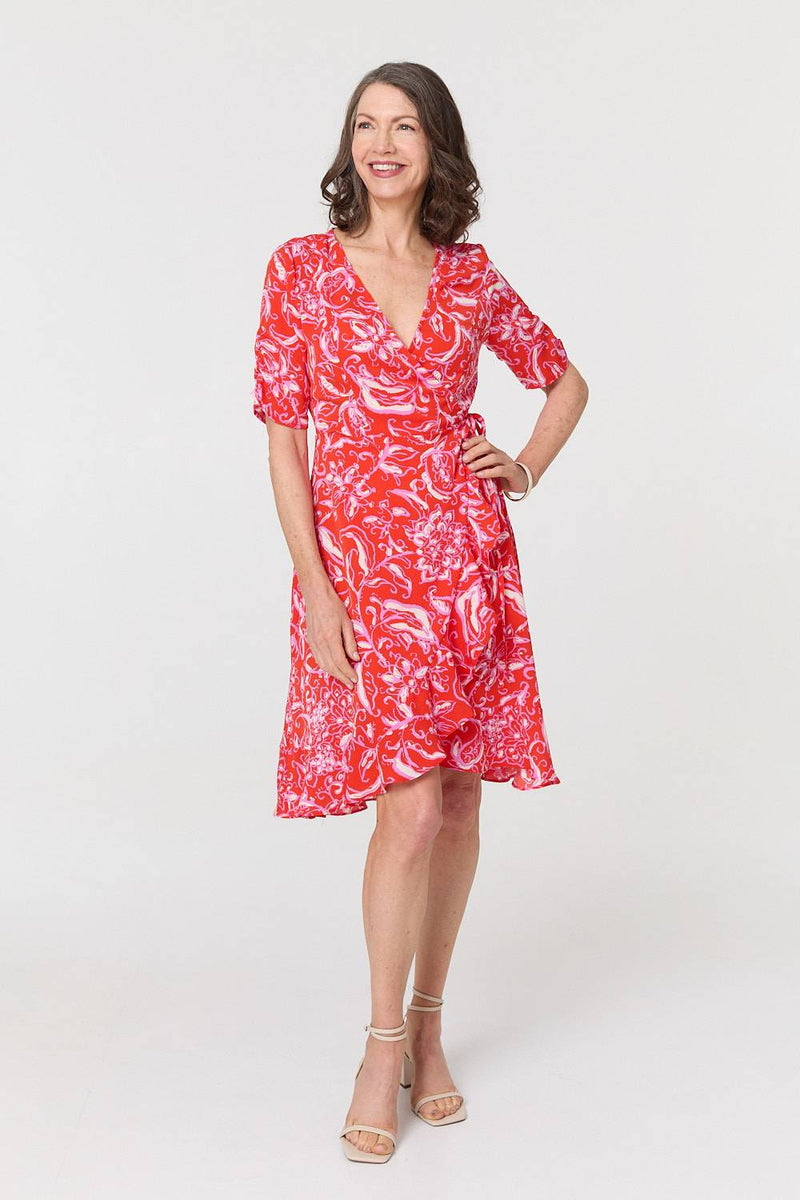 Printed Frill Wrap Knee Length Dress