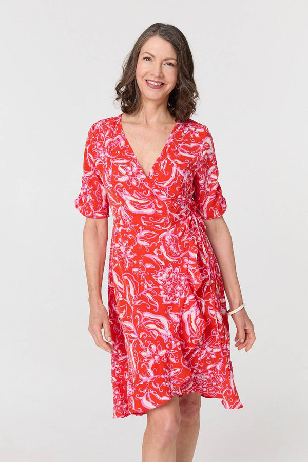 Printed Frill Wrap Knee Length Dress