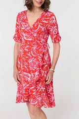 Printed Frill Wrap Knee Length Dress