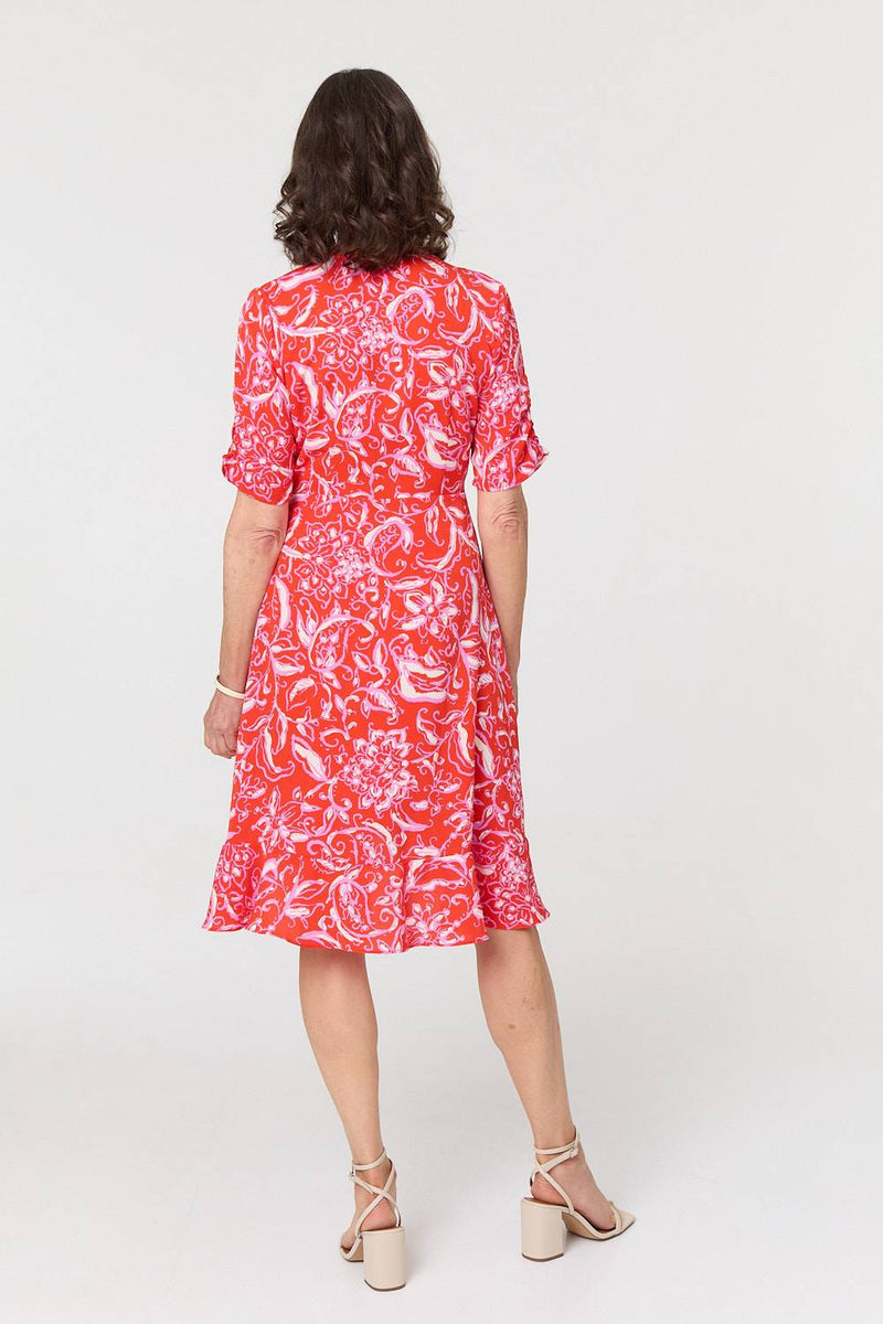 Printed Frill Wrap Knee Length Dress