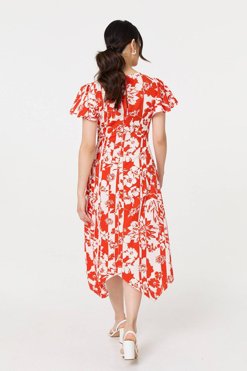 Floral Hanky Hem Short Sleeve Midi Dress