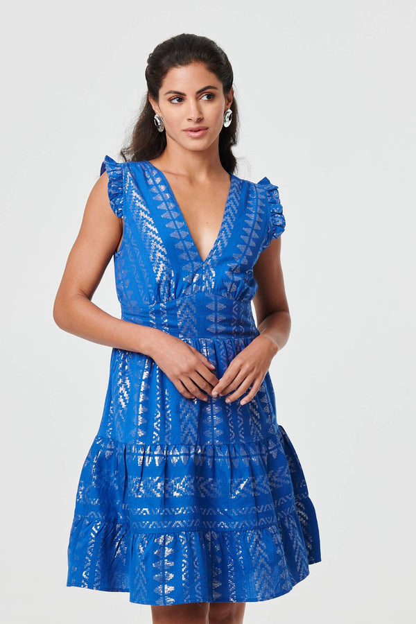 Metallic Cap Sleeve Short Skater Dress
