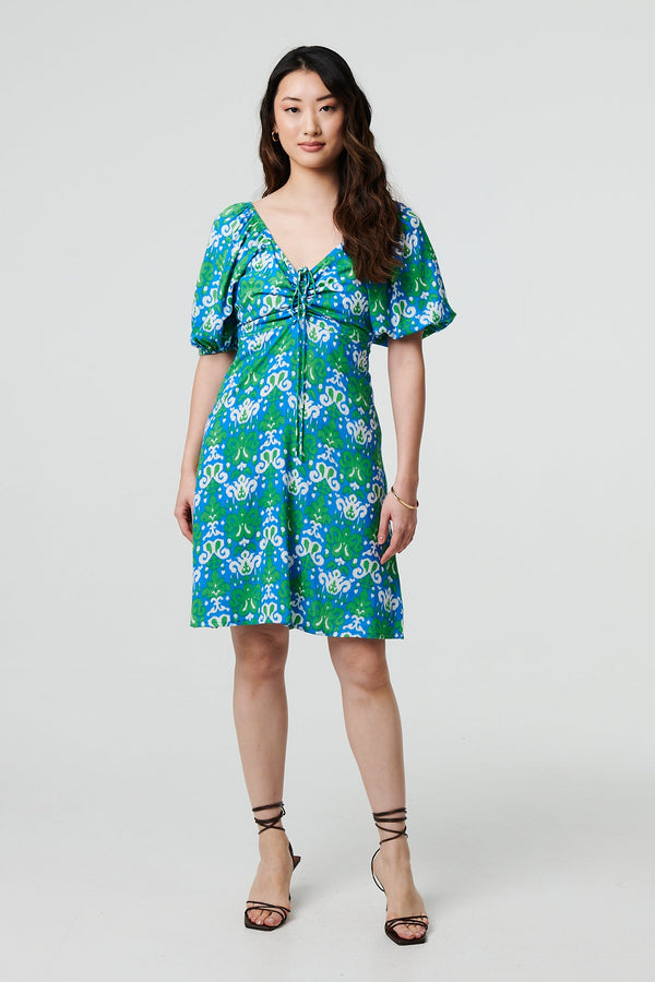 Printed Tie Bardot Neck Short Dress