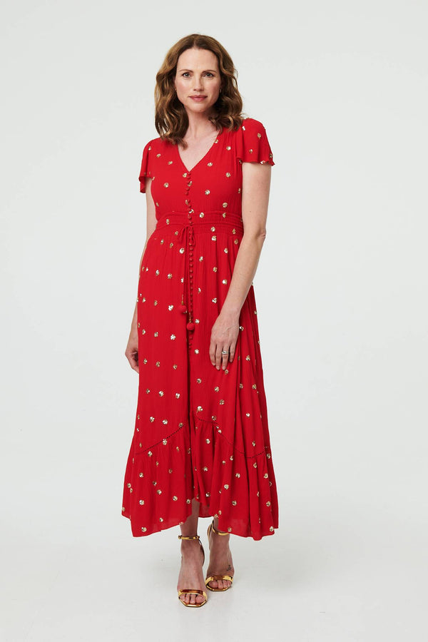 Sparkly Cap Sleeve Tassel Tie Maxi Dress