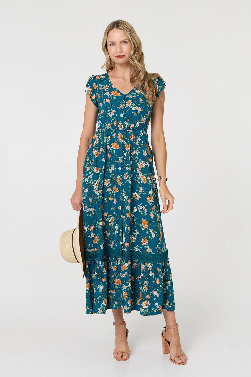 Floral Cap Sleeve Lace Trim Maxi Dress