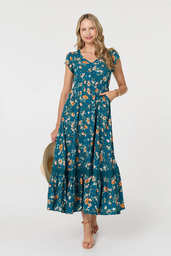 Floral Cap Sleeve Lace Trim Maxi Dress