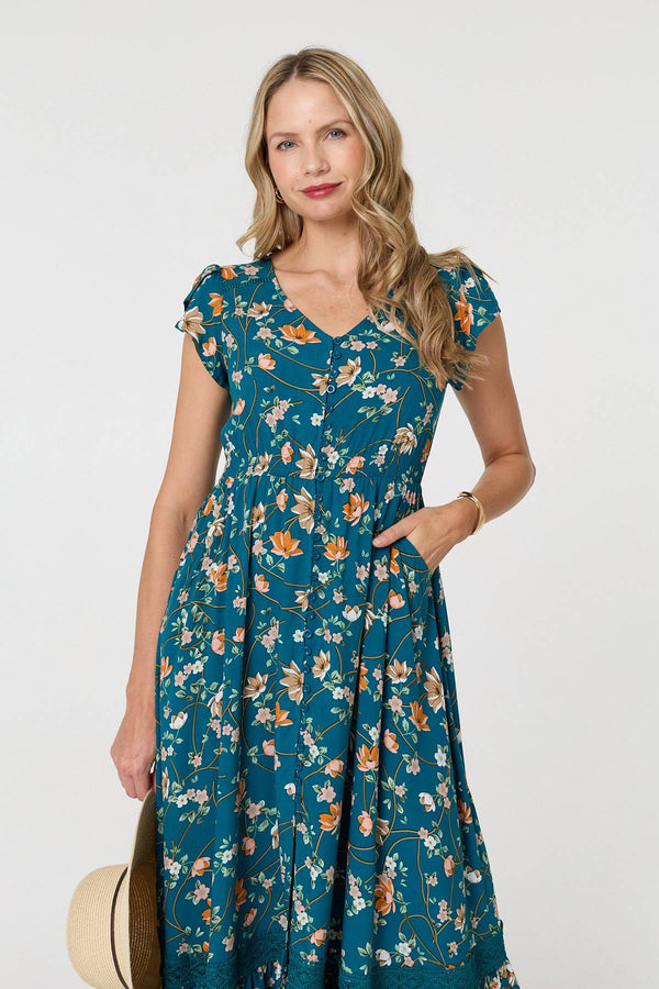 Floral Cap Sleeve Lace Trim Maxi Dress
