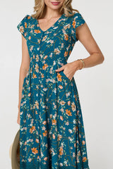 Floral Cap Sleeve Lace Trim Maxi Dress