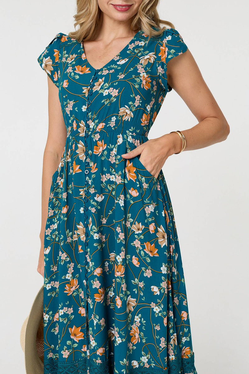 Floral Cap Sleeve Lace Trim Maxi Dress