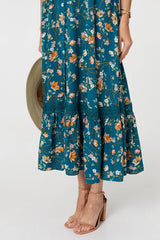 Floral Cap Sleeve Lace Trim Maxi Dress