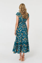 Floral Cap Sleeve Lace Trim Maxi Dress