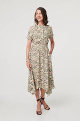 Printed Short Sleeve Shirred Midi Dress