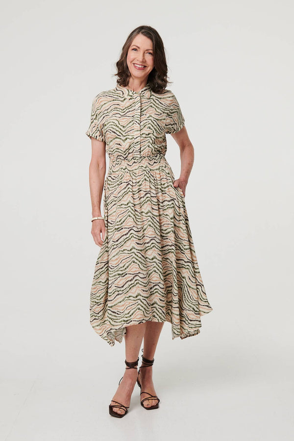 Printed Short Sleeve Shirred Midi Dress