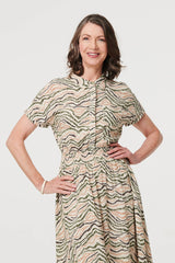 Printed Short Sleeve Shirred Midi Dress