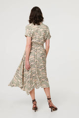 Printed Short Sleeve Shirred Midi Dress