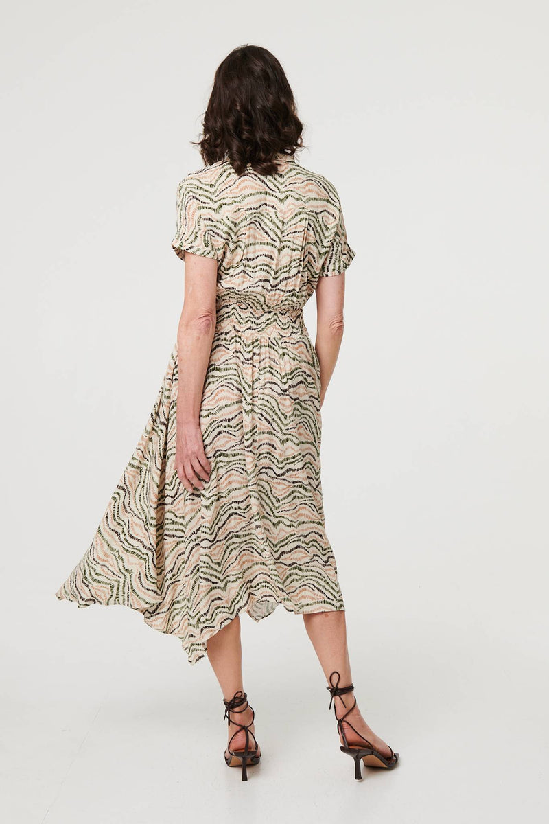 Printed Short Sleeve Shirred Midi Dress