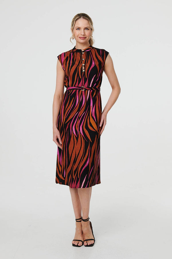 Striped Cap Sleeve Belted Midi Dress