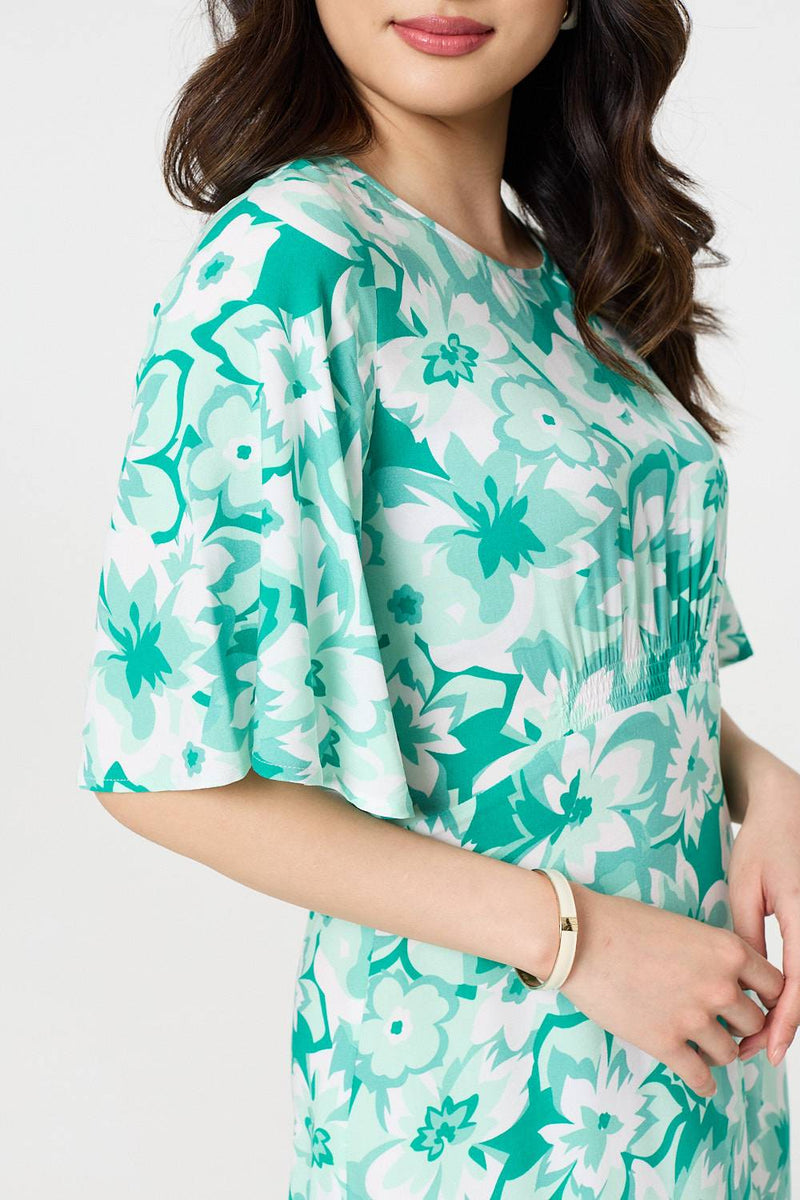 Floral Flared Sleeve A-Line Midi Dress