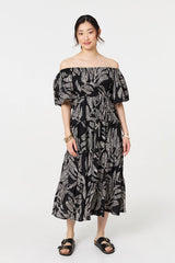 Leaf Print Puff 1/2 Sleeve Midi Dress