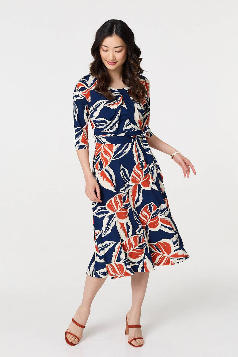 Floral Ruched 3/4 Sleeve Midi Dress
