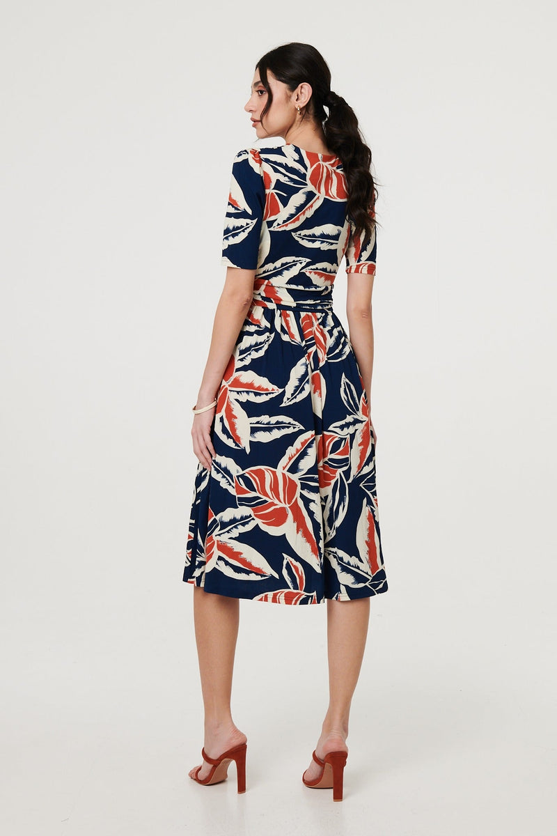 Floral V-Neck Pleated Midi Wrap Dress