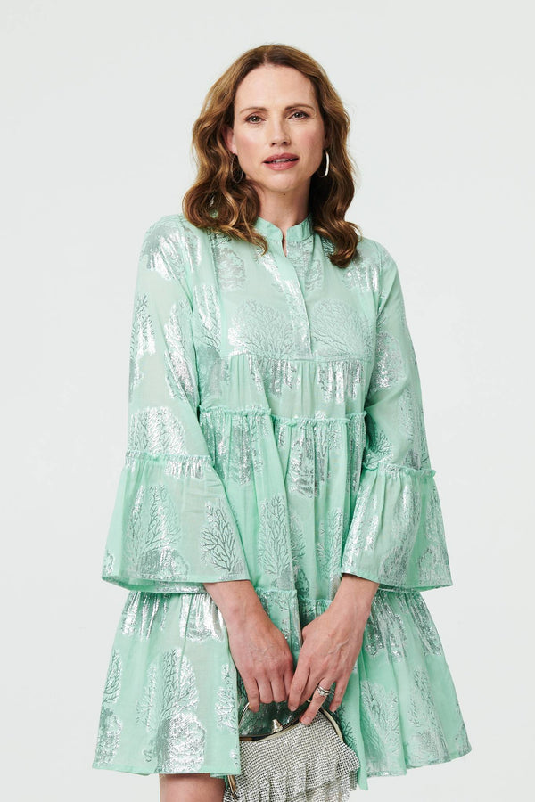 Printed 3/4 Sleeve Tiered Short Dress