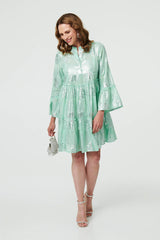 Printed 3/4 Sleeve Tiered Short Dress