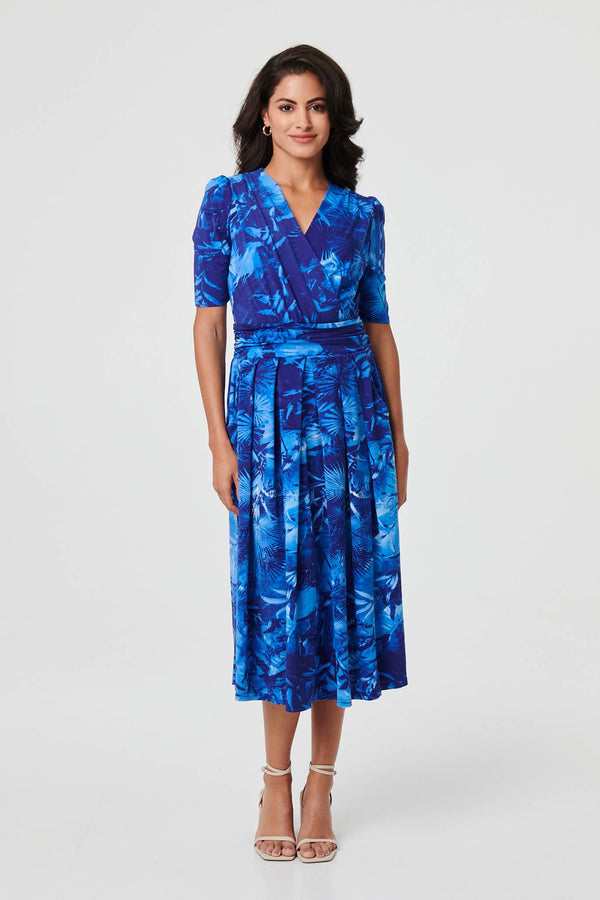 Printed 1/2 Sleeve Wrap Midi Dress