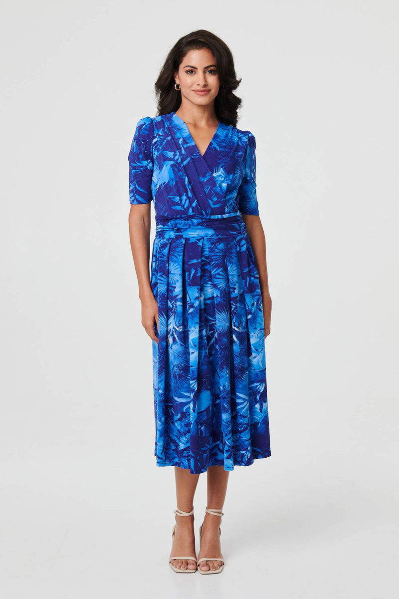 Printed 1/2 Sleeve Wrap Midi Dress