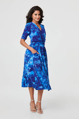 Printed 1/2 Sleeve Wrap Midi Dress