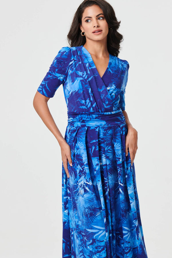Printed 1/2 Sleeve Wrap Midi Dress