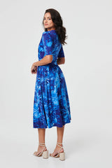 Printed 1/2 Sleeve Wrap Midi Dress