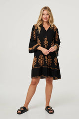 Ikat Print Tiered Knee Length Dress