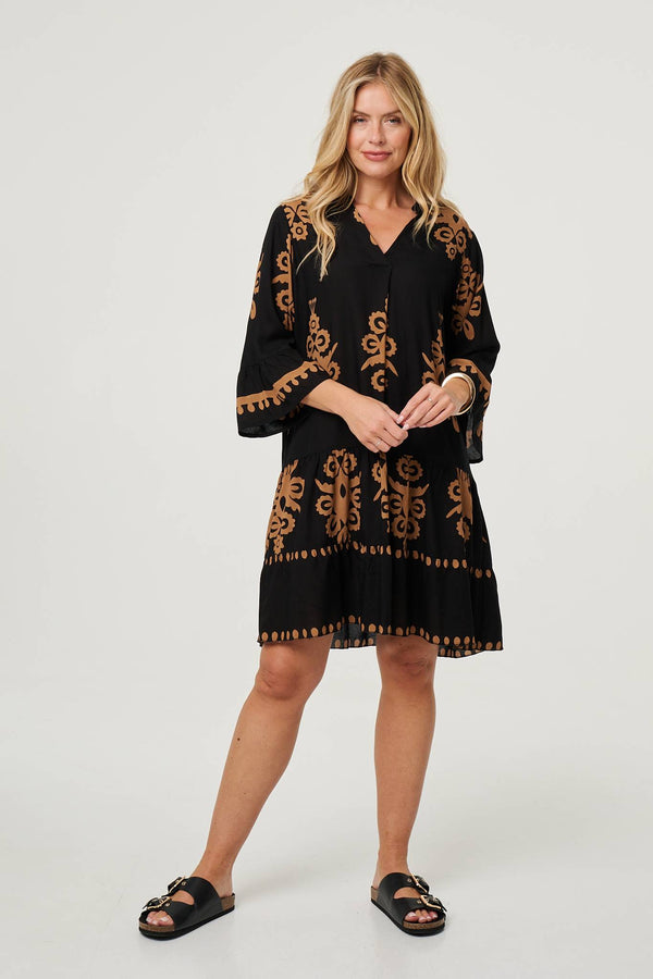 Ikat Print Tiered Knee Length Dress