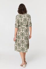 Baroque Print Tie Waist Midi Shirt Dress