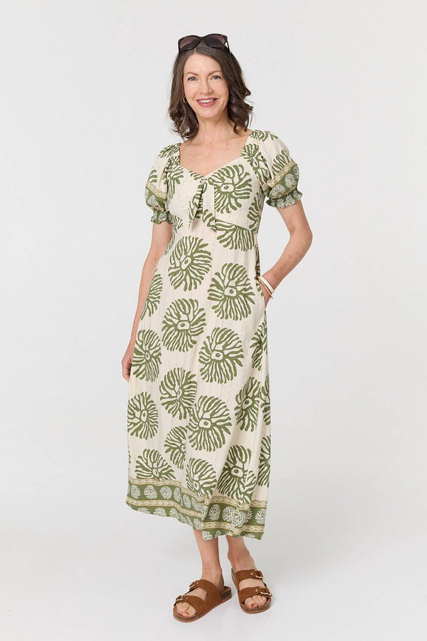 Printed Tie Front A-Line Midi Dress