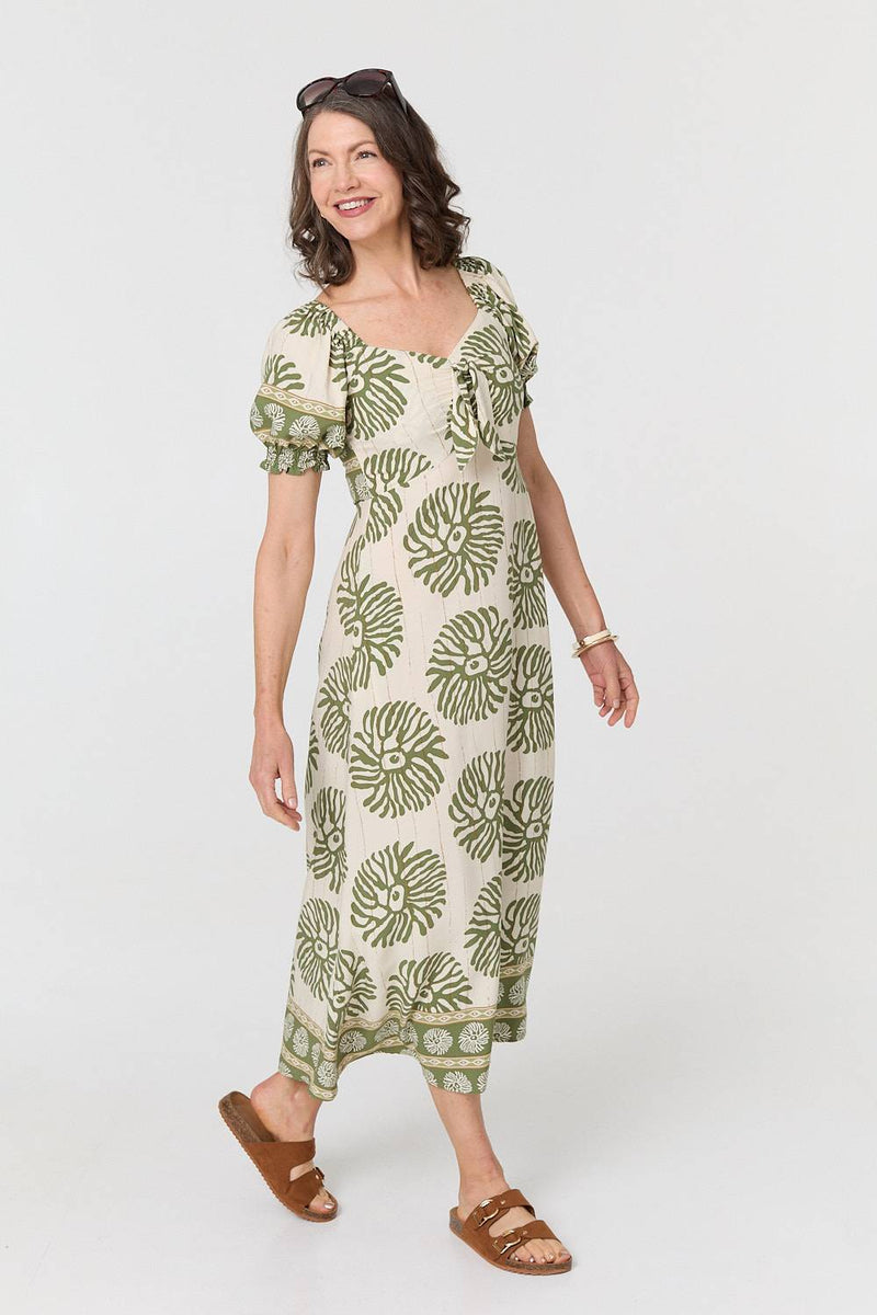 Printed Tie Front A-Line Midi Dress