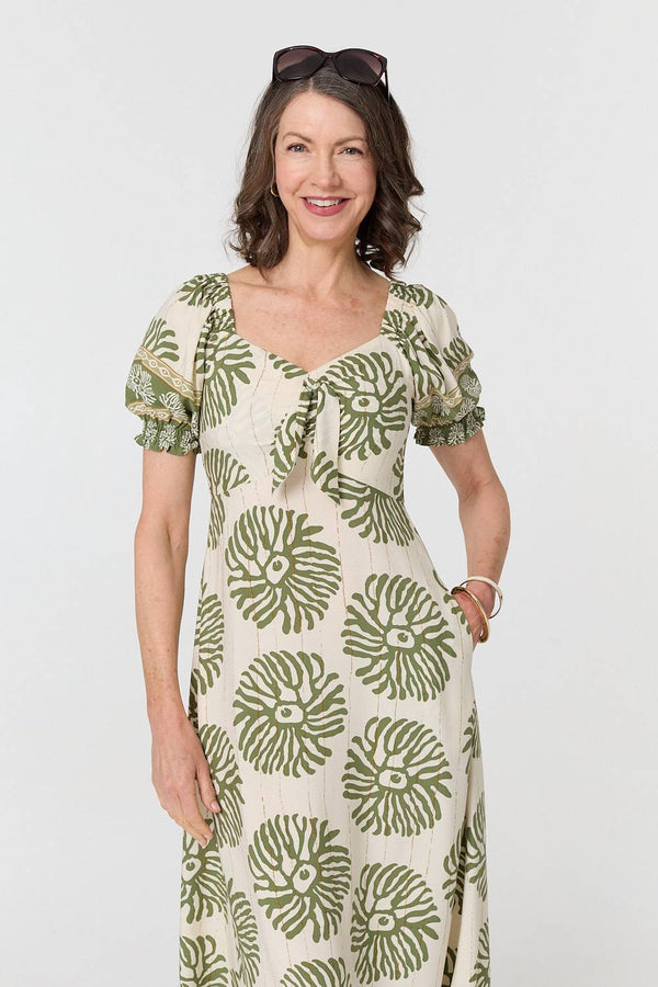 Printed Tie Front A-Line Midi Dress