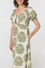 Printed Tie Front A-Line Midi Dress