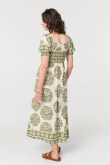 Printed Tie Front A-Line Midi Dress