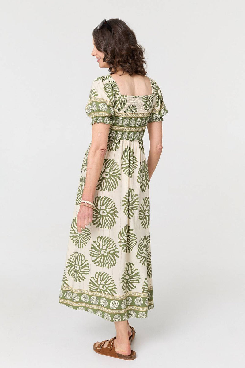 Printed Tie Front A-Line Midi Dress