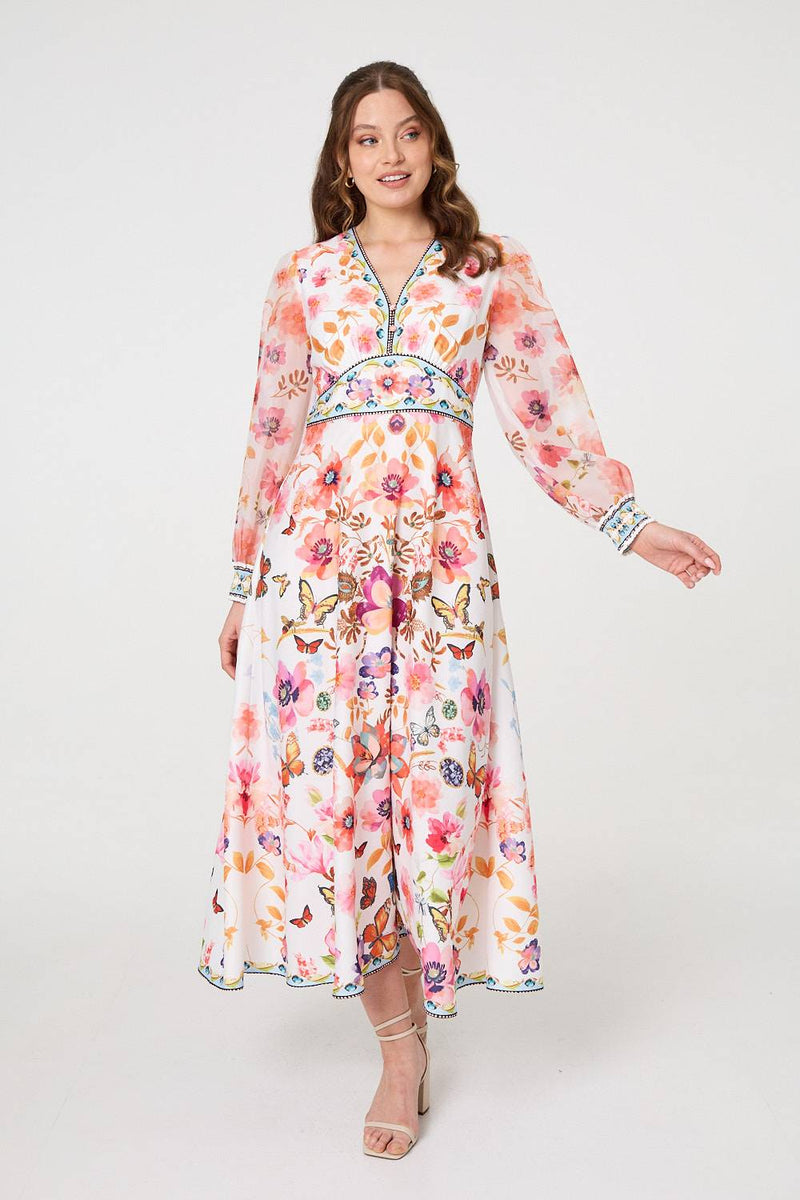 Pink Floral Border Print Empire Midi Dress